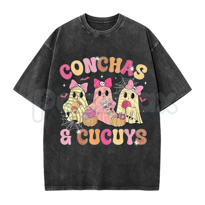 Mexican Ghost Shirt – Espooky Vibes Fantasma Graphic Tee, Retro Halloween Dia De Los Muertos Vintage Washed Lightweight Cotton Unisex Top