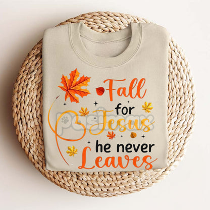 Fall For Jesus He Never Leaves T-Shirt – Autumn Christian Women's Faith Top