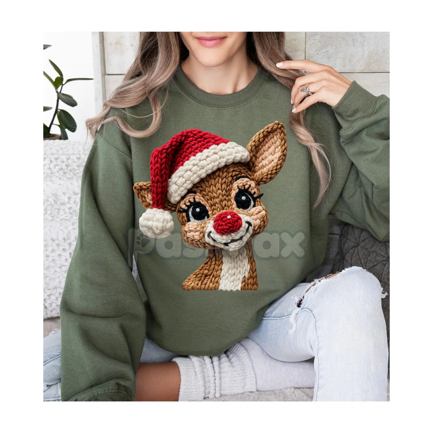 Classic Red Nose Reindeer & Santa Hat Holiday Sweatshirt – Whimsical Christmas Crewneck