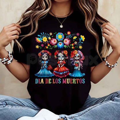 Colorful Floral Sugar Skull Girls Dia De Los Muertos T-Shirt – Mexican Day of the Dead Festival Unisex Graphic Tee