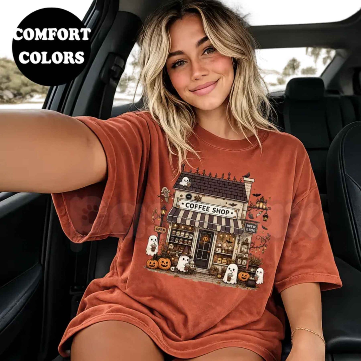 Comfort Colors® Spooky Coffee Shop T-Shirt – Halloween Coffee Lover Graphic Tee, Vintage Ghost Cafe Unisex Top