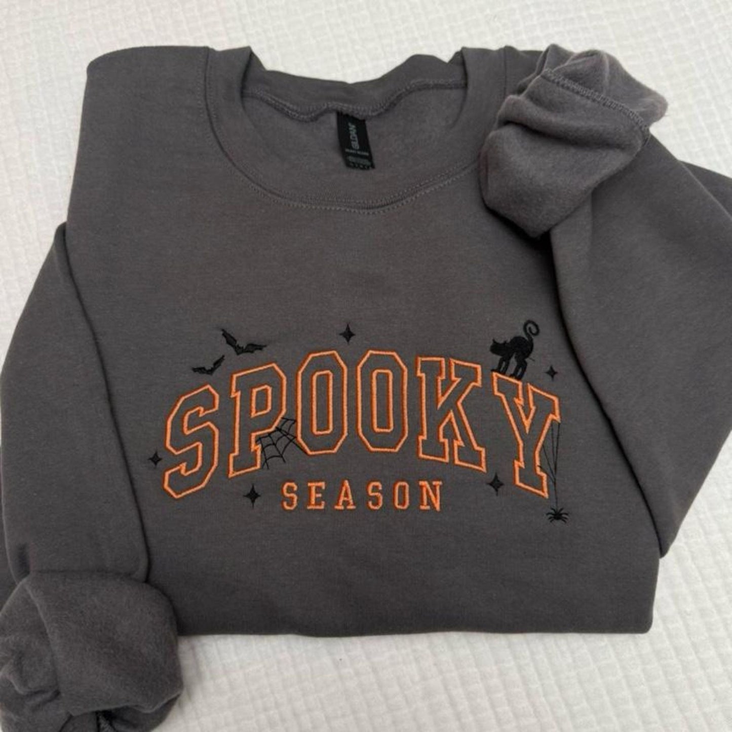 Spooky Season Halloween Cat Bats Spiderweb Embroidered Spooky Season Sweatshirt