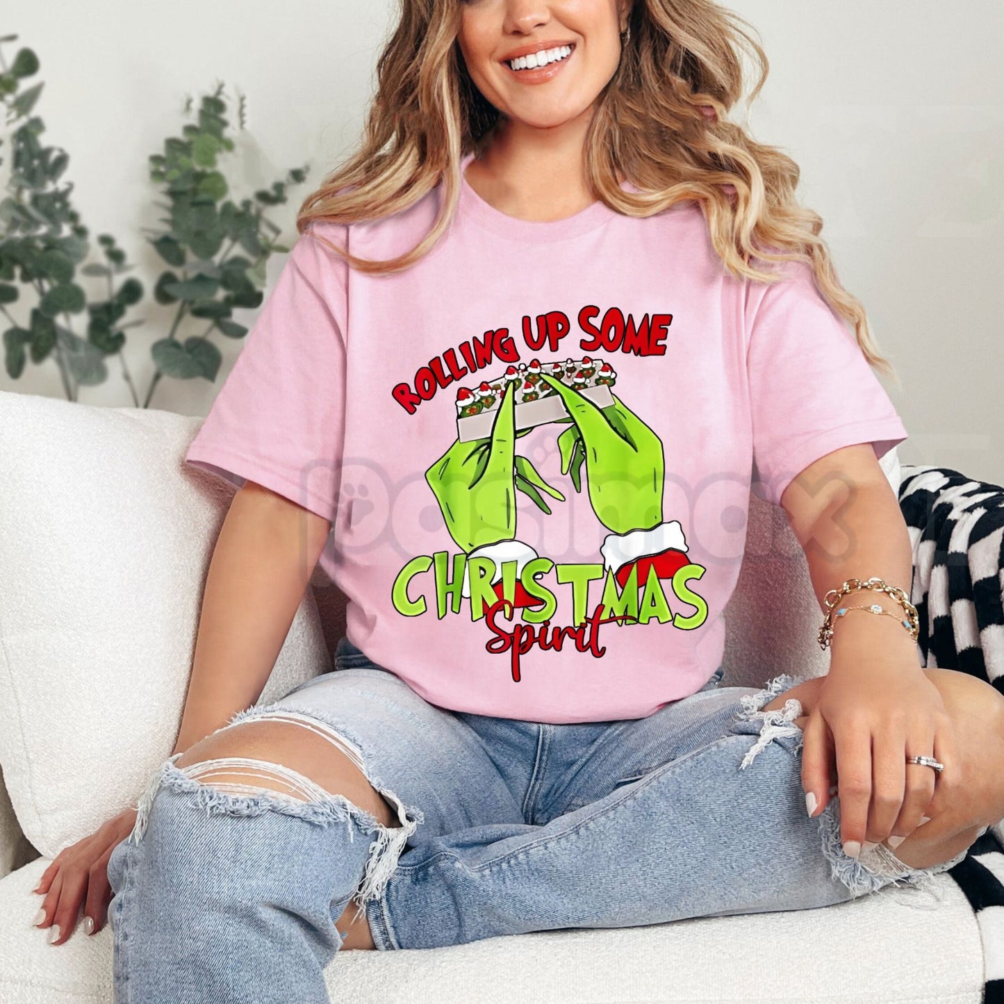 Christmas Spirit Grinch Hands Rolling Joint T-Shirt - Funny 420 Holiday Party Wear, Adult Grinch Christmas Gift, Edgy Festive Apparel