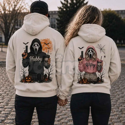 Hubby Wifey Halloween Spooky Season Couple Matching Hoodies – Retro Skeleton Graphic Pullover, Cute Romantic Spooky Season Sweatshirts
