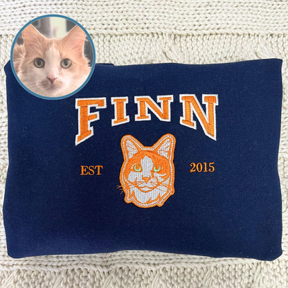 Personalized Varsity Cat Face Embroidered Hoodie with Cat Name