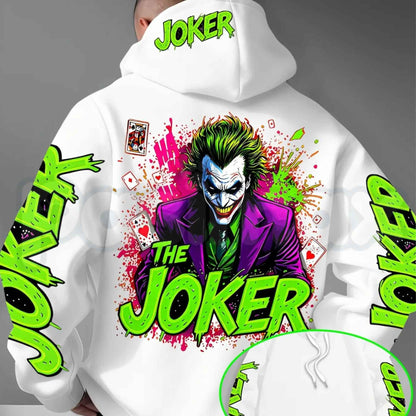 Men's Fluorescent Joker Print Hoodie – Neon Villain Graphic Pullover, Edgy Streetwear Cyberpunk Sweatshirt, Spooky Dark Comedy Gift