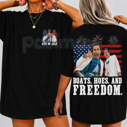 "Boats Hoes and Freedom" 2-Sided T-Shirt – Funny Prestige Worldwide 4th of July Step Brothers Graphic Tee