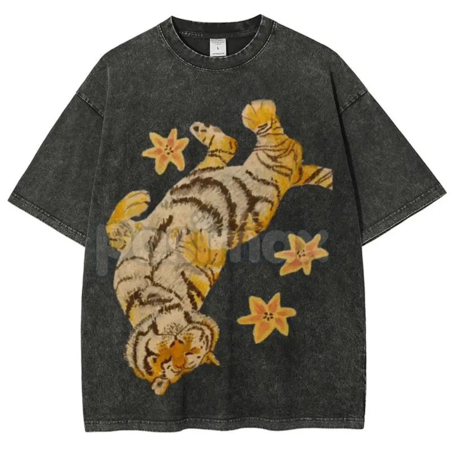 Lazy Tiger Unisex Vintage Washed Tee – Oversized Animal Graphic Shirt, Chill Streetwear