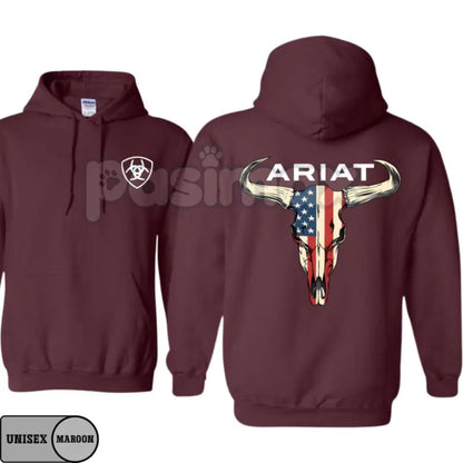 Ariat Hoodie – American Flag Bull Skull Western Cowboy Pullover, Patriotic & Rustic Outdoors Apparel, Unisex