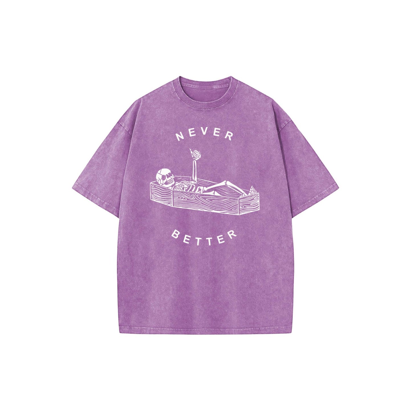 "Never Better" Skeleton Round Neck Acid Washed T-Shirt – Casual Comfort for Everyday Wear