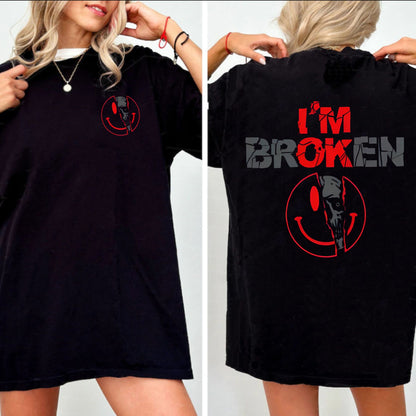 2-Sided "I'm Broken" Shirt - Horror Smile & Broken Heart Graphic Tee, Unisex Sweater
