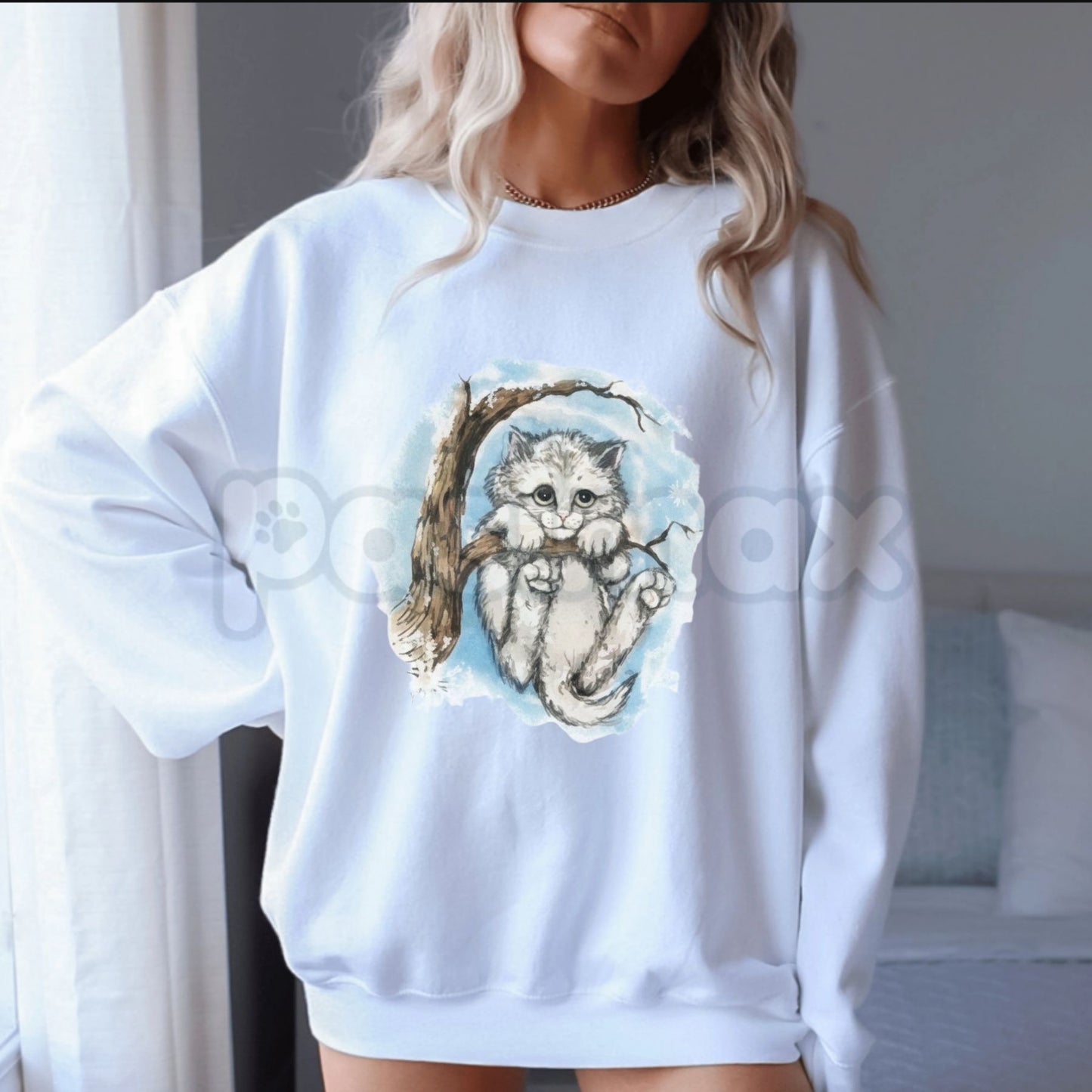 Vintage Kitten Graphic Sweatshirt | Cute Sad Cat in Winter Tree Crewneck | Retro Distressed Kitten Pullover | Coquette Aesthetic Cat Jumper | Whimsical Winter Animal Shirt | Soft Girl Era Cat Lover Gift