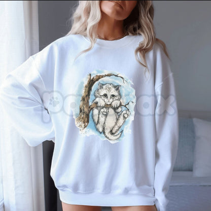 Vintage Kitten Graphic Sweatshirt | Cute Sad Cat in Winter Tree Crewneck | Retro Distressed Kitten Pullover | Coquette Aesthetic Cat Jumper | Whimsical Winter Animal Shirt | Soft Girl Era Cat Lover Gift