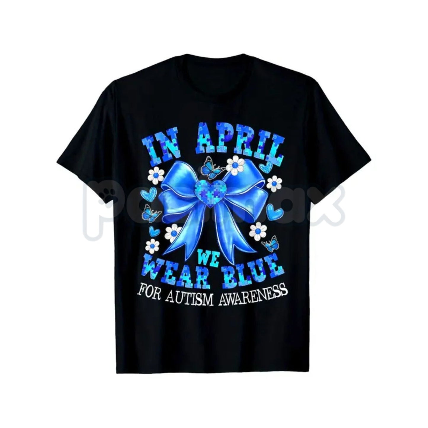 "April We Wear Blue" Autism Awareness T-Shirt – Coquette Bow Puzzle Piece Graphic Tee, Premium 100% Cotton Neurodiversity Top, Soft Lived-In Heavyweight Acceptance Month Shirt, Made in USA