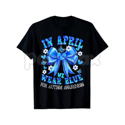 "April We Wear Blue" Autism Awareness T-Shirt – Coquette Bow Puzzle Piece Graphic Tee, Premium 100% Cotton Neurodiversity Top, Soft Lived-In Heavyweight Acceptance Month Shirt, Made in USA