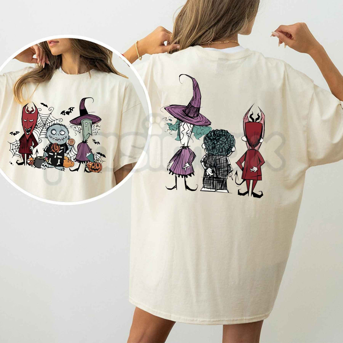 Spooky Trio Halloween T-Shirt – Retro Ghost Pumpkin Skeleton Unisex Graphic Tee