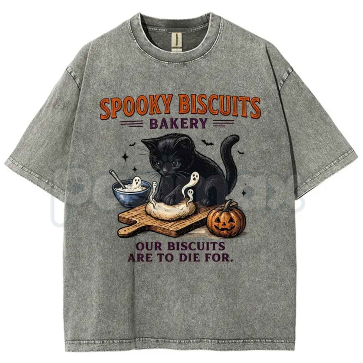 Spooky Biscuits Black Cat Halloween Graphic Washed Tee – Retro Feline Meme Shirt, Vintage Acid Wash Lightweight Cotton Unisex Streetwear Top