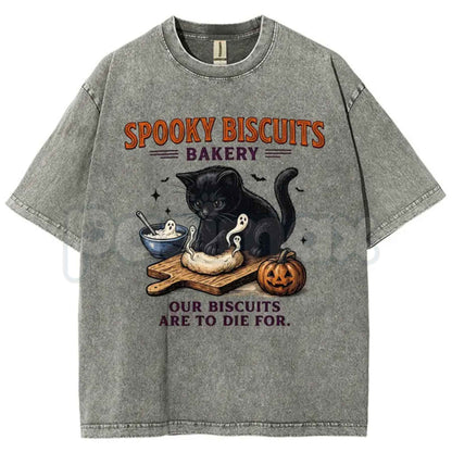 Spooky Biscuits Black Cat Halloween Graphic Washed Tee – Retro Feline Meme Shirt, Vintage Acid Wash Lightweight Cotton Unisex Streetwear Top