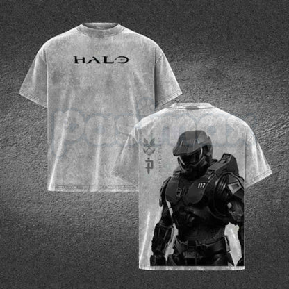 HALO Master Chief 117 T-Shirt – Retro Spartan Back Print Graphic Tee, Premium Acid Wash Oversized Lightweight Cotton Gaming Streetwear Top