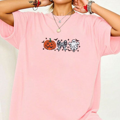 Cutesy Spooky Bows T-Shirt – Embroidered, Relaxed Fit Tee with Ghost & Spiderweb Design