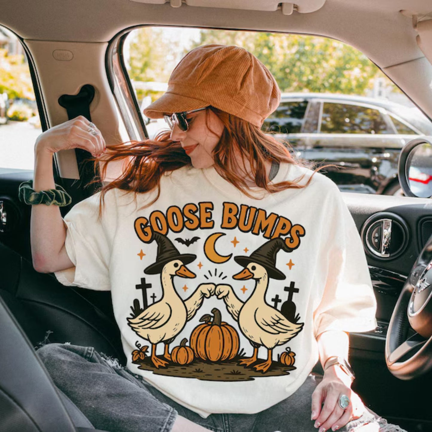 Goose Pumpkin Halloween T-Shirt - Cute Fall Geese Tee, Witch Goose & Fist Bump Shirt