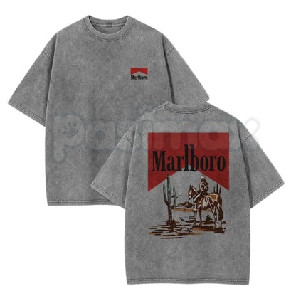 Wash Cowboy Art Streetwear Dark Americana T-Shirt – Retro Western Graphic Tee, Vintage Acid Wash Lightweight Cotton Unisex Summer & Autumn Top