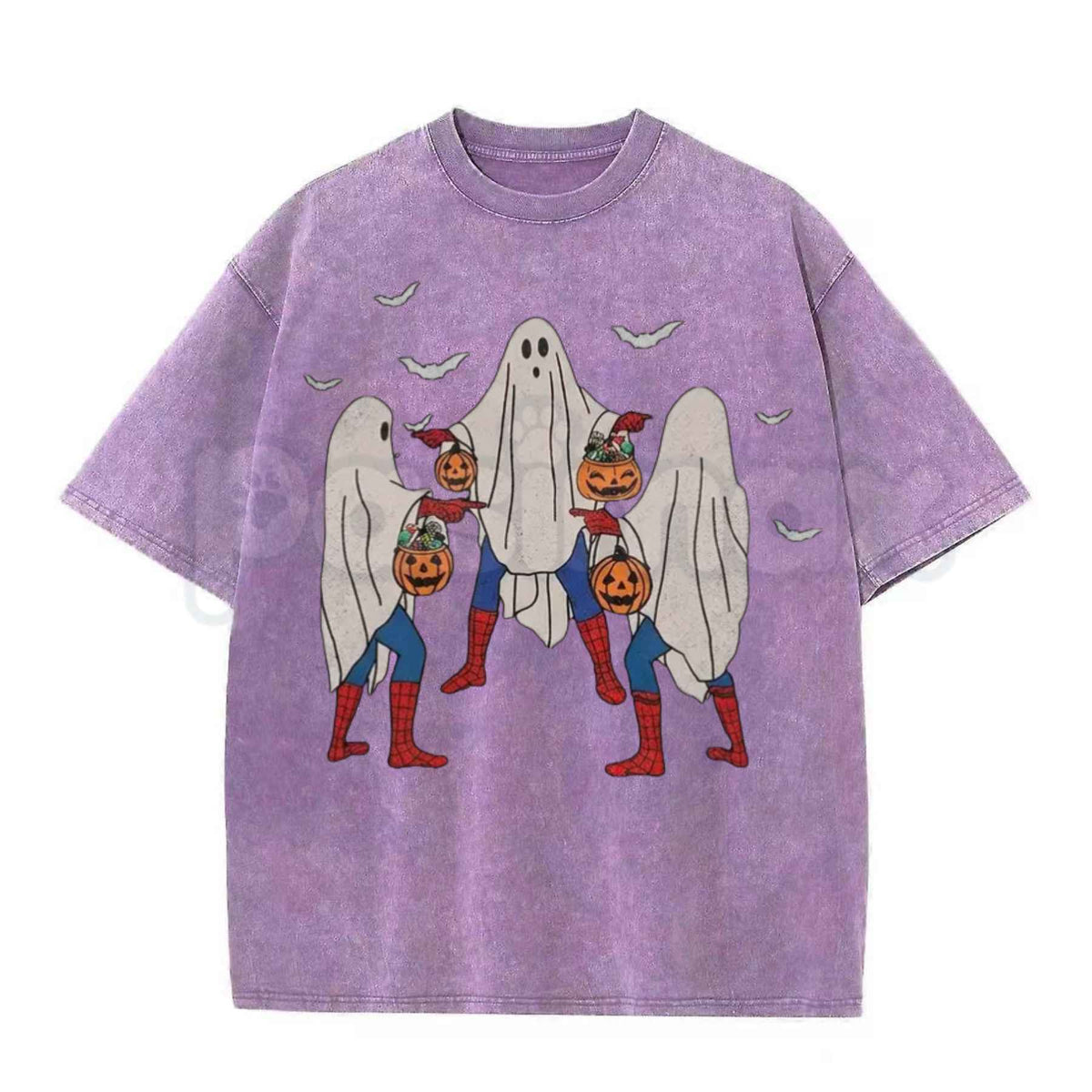 Vintage Wash Spooky Spiderman Ghost Costume Halloween Graphic Tee – Retro Superhero Spooky Season Shirt, Acid Wash Lightweight Cotton Unisex Top
