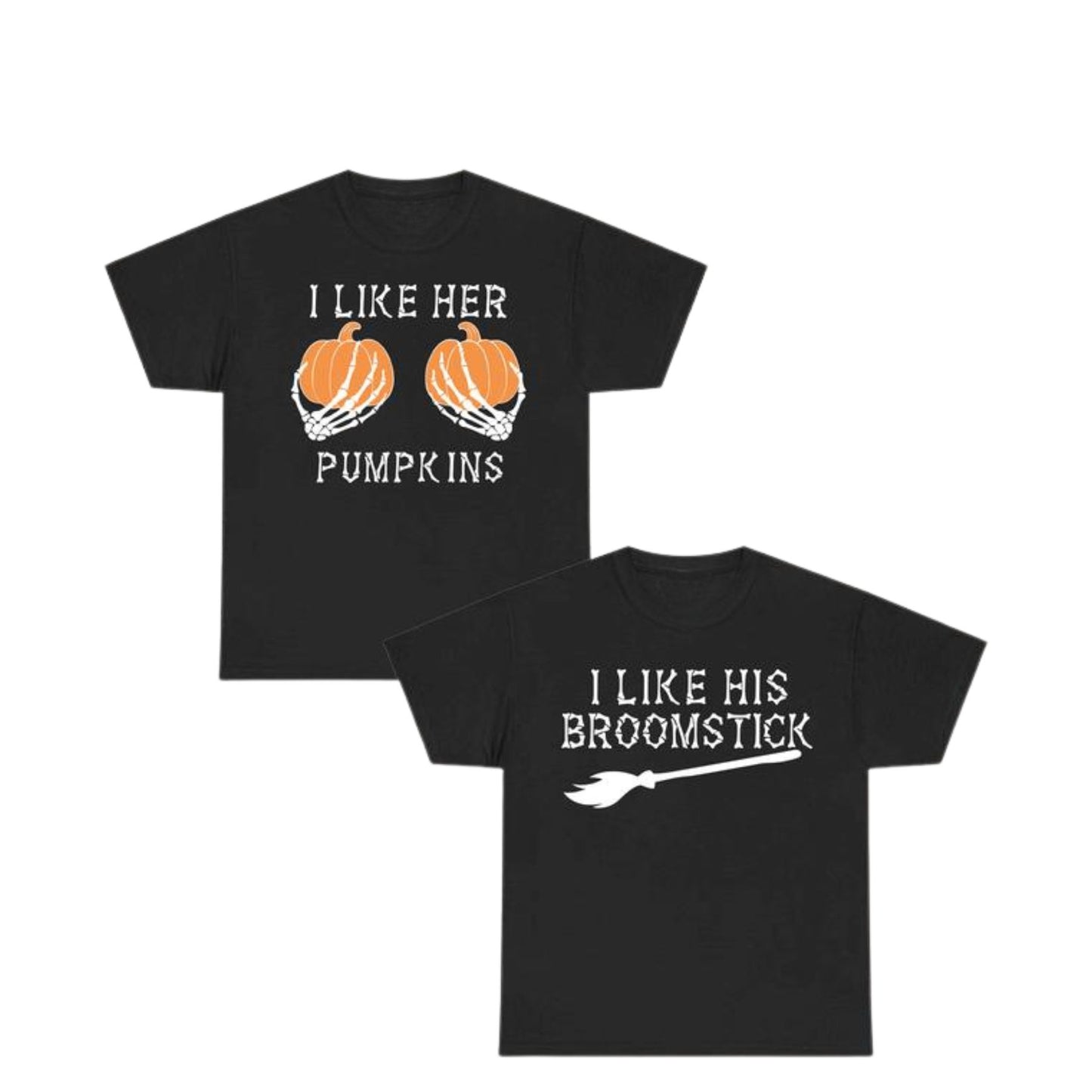 Halloween Couple T-Shirts – I Like Her Pumpkins / I Like His Broomstick