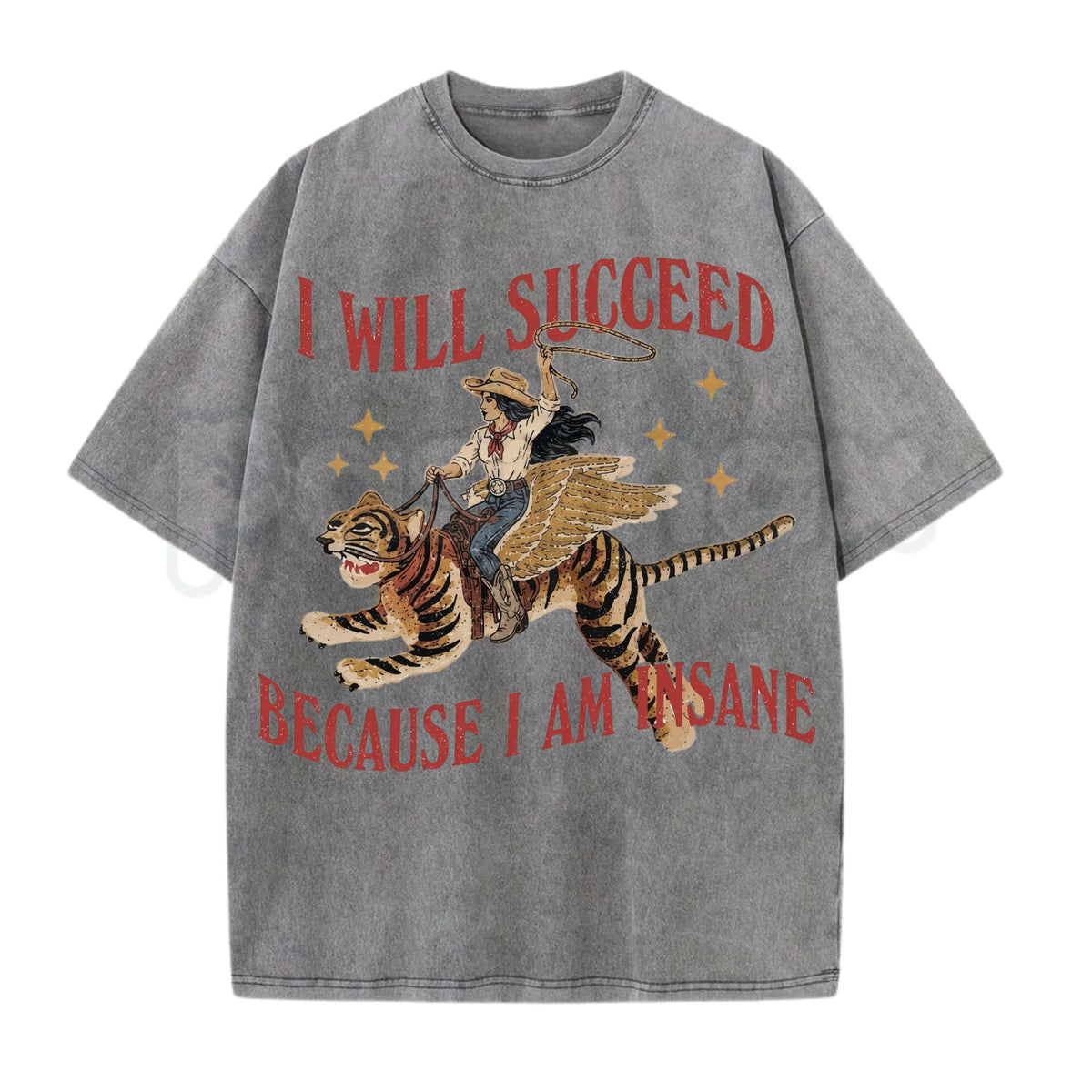 I Will Succeed Because I Am Insane Vintage Cowgirl Graphic Washed T-Shirt – Retro Rodeo Western Graphic Tee, Acid Wash Lightweight Cotton Unisex Top