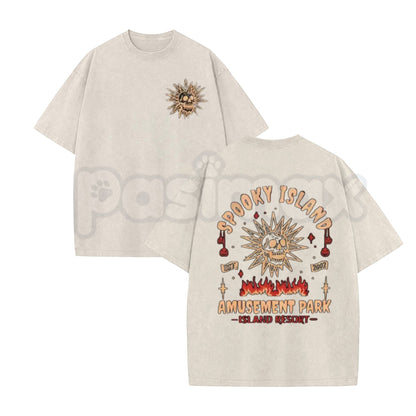 Spooky Island Acid Wash T-Shirt – Retro Y2K Mystery Amusement Park Graphic Tee, Vintage Mineral Wash Lightweight Cotton Unisex Streetwear Top