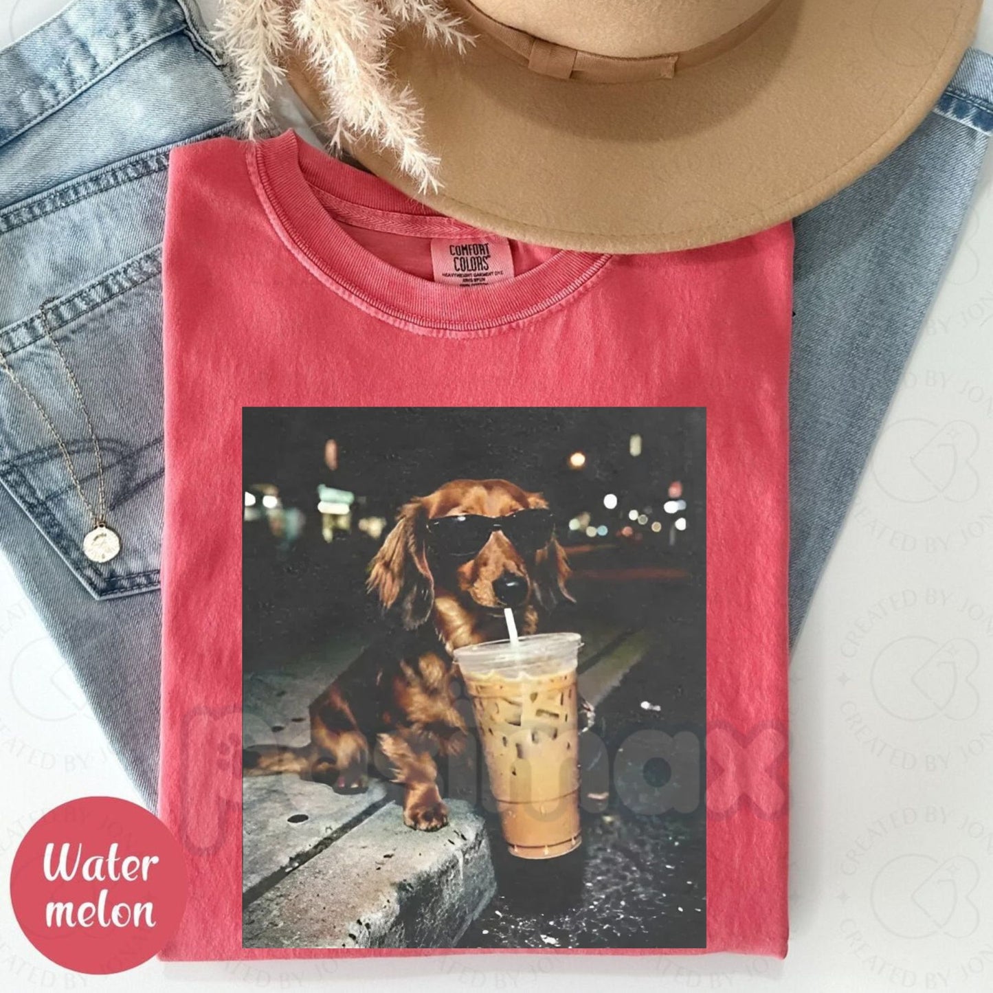 Comfort Colors® Funny Dachshund Iced Coffee T-Shirt – Retro Weiner Dog Caffeine Lover Tee, Cute Doxie Mama Gift, Aesthetic Iced Coffee Raccoon Style Shirt
