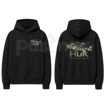Men’s HUK Performance Fishing Hoodie – Camo Bass Graphic Pullover, Angler Outdoor Sun Protection Sweatshirt, Unisex Heavy Blend