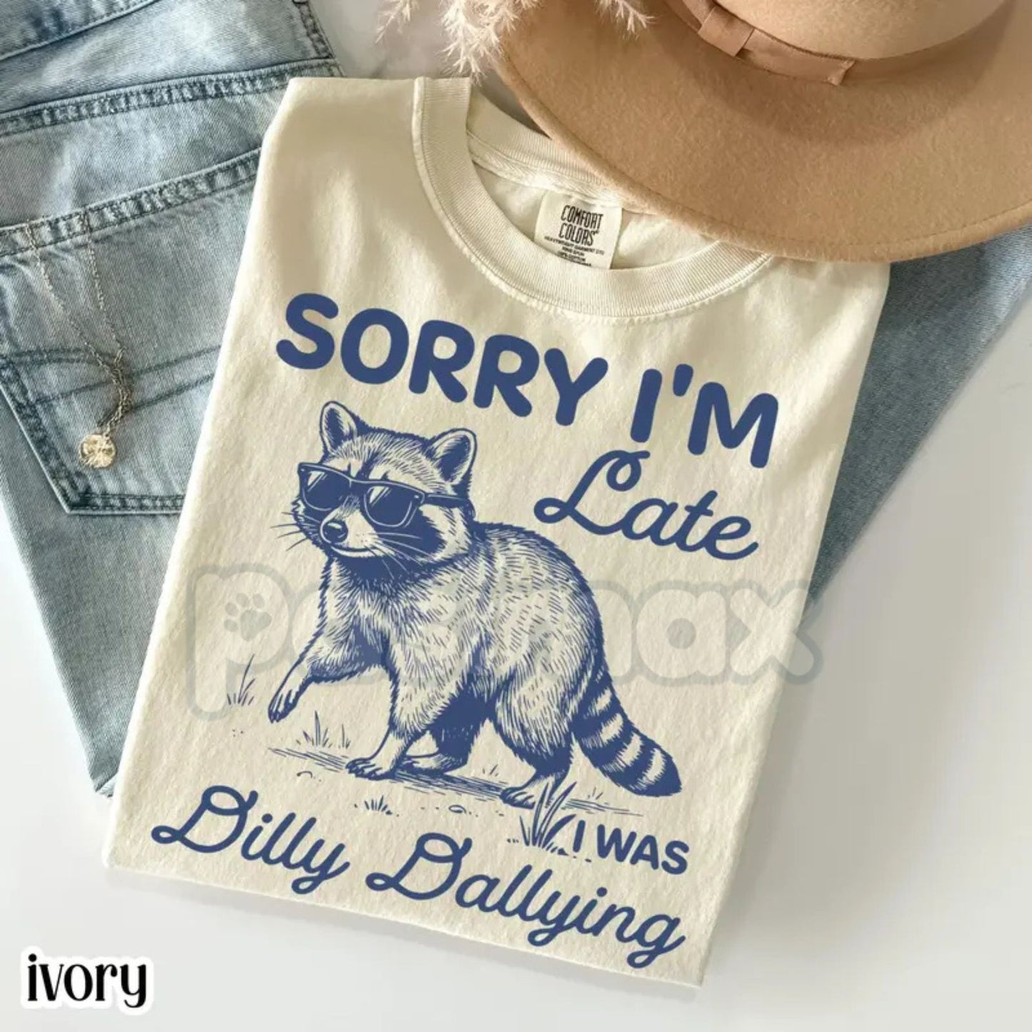 Comfort Colors® "Sorry I'm Late" Feral Raccoon T-Shirt – Funny Dilly Dallying Silly Animal Tee, Retro Raccoon Lover Gift, Mental Health Humor Graphic Top