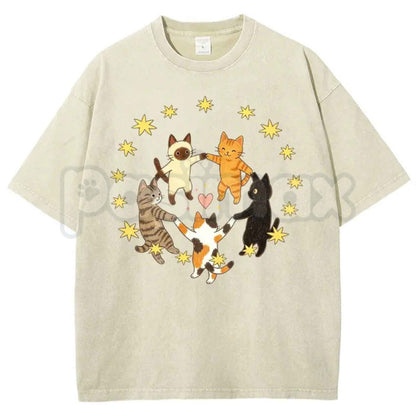 Five Holding Hands Circle Cats T-Shirt – Retro Wholesome Kitten Star Heart Graphic Tee, Vintage Washed Lightweight Cotton Unisex Top