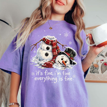 Comfort Colors® It's Fine I'm Fine Everything's Fine Snowman T-Shirt – Funny Melting Snowman Graphic Tee, Sarcastic Holiday Unisex Top & Christmas Gift