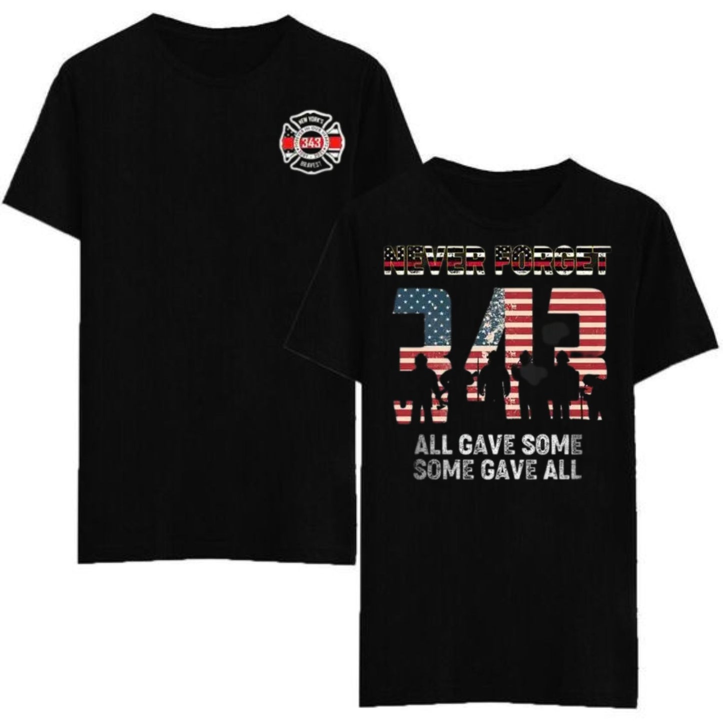 "Never Forget 343" Firefighter T-Shirt - 9/11 Memorial American Flag Tribute Tee, Honoring Heroes Apparel