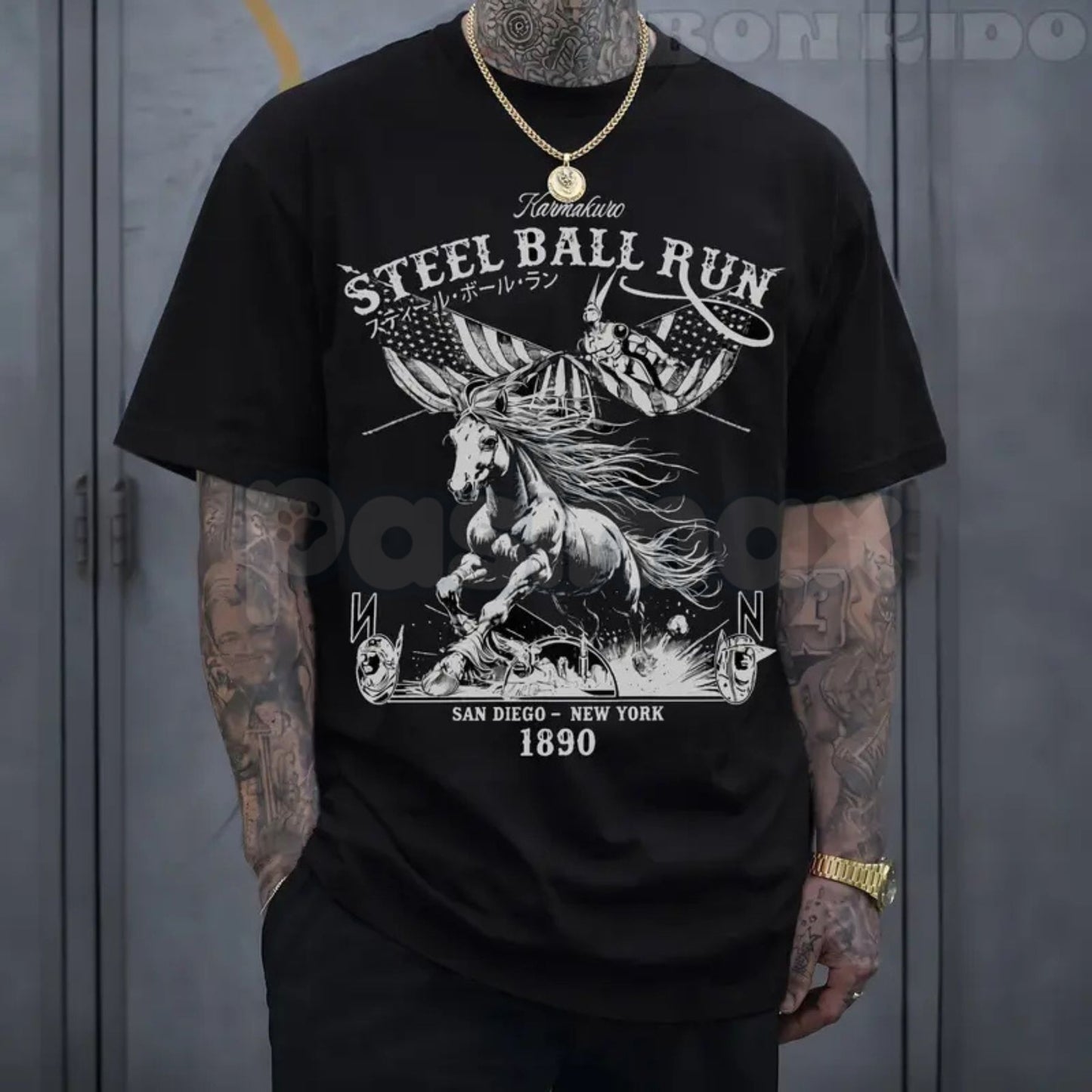 "Steel Ball Run" Horse Racing American Flag T-Shirt – Western Manga Graphic Tee, Premium 100% Cotton Cowboy Adventure Top, Soft Lived-In Heavyweight SBR Fan Shirt, Made in USA