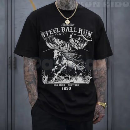 "Steel Ball Run" Horse Racing American Flag T-Shirt – Western Manga Graphic Tee, Premium 100% Cotton Cowboy Adventure Top, Soft Lived-In Heavyweight SBR Fan Shirt, Made in USA