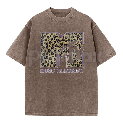 Women’s MTV Classic Leopard Print T-Shirt – Bold Animal Print Logo Graphic Tee, Lightweight Vintage Washed Cotton Top