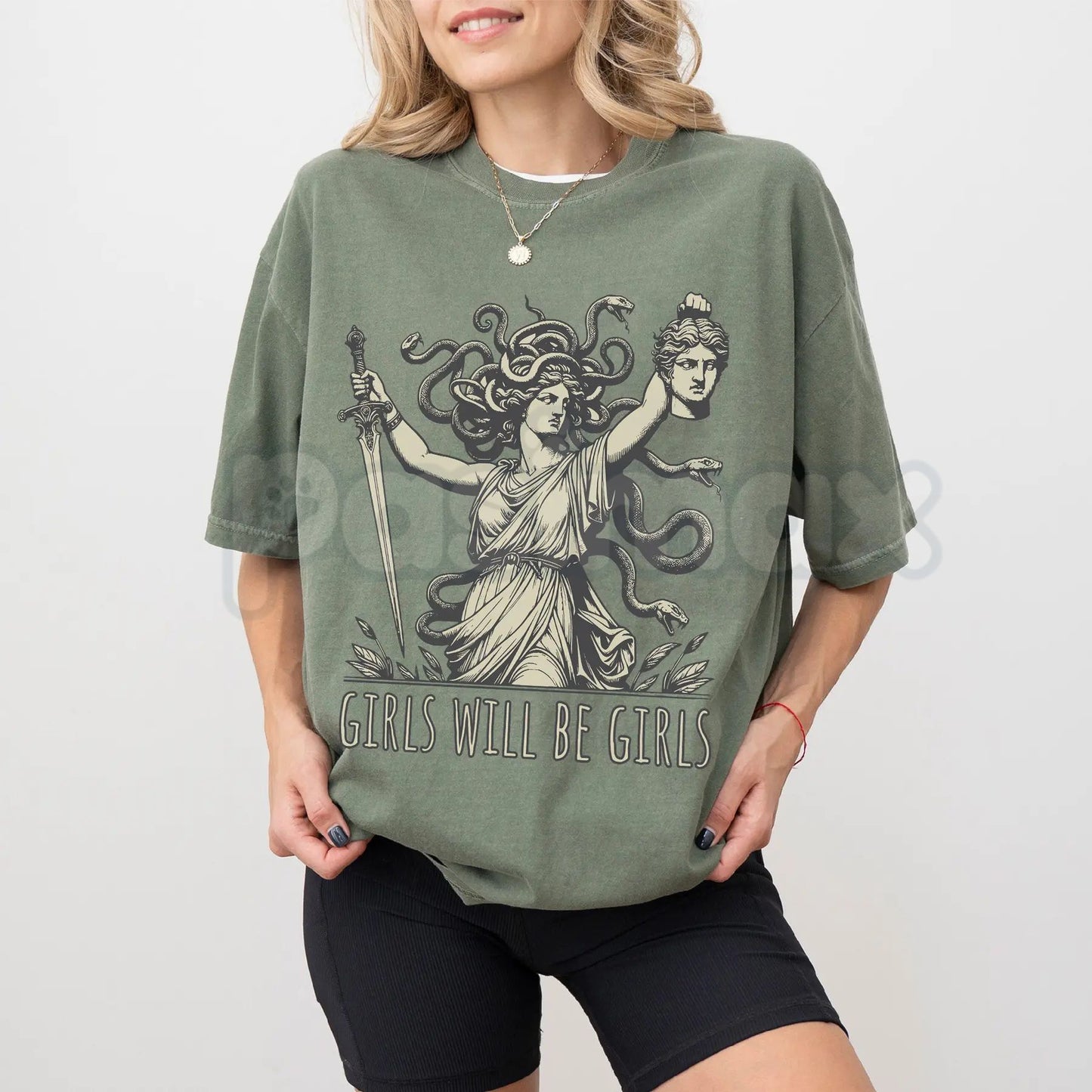 Comfort Colors® Medusa Victorious T-Shirt – Girls Will Be Girls Feminist Tee, Perseus Defeated Mythology Shirt, Dark Aesthetic Empowerment Graphic Top
