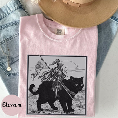 Funny Medieval Knight Cat Rider T-Shirt – Renaissance Fair Meme Tee, Fantasy Cat Lover Shirt, Funny Knight Graphic Tee, Unisex Gag Gift