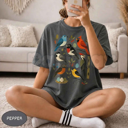 Comfort Colors® Retro Backyard Birds T-Shirt – Cardinal Bluebird Robin Woodpecker Graphic Tee, Mid Century Modern Nature Lover Unisex Top & Gift