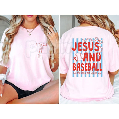 "2 Sides: Jesus & Baseball" Coquette T-Shirt – Cute Christian Athlete Graphic Tee, Premium 100% Cotton Pink Bow Baseball Top, Soft Lived-In Heavyweight Faith & Sports Shirt, Made in USA