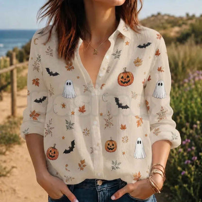 Halloween Ghost Pumpkin Fall Blouse – Spooky Long Sleeve Top, Cute Autumn Leaves Apparel & Fall Festival Outfit