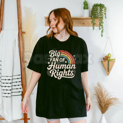 "Big Fan of Human Rights" Aesthetic Retro Shirt - Vintage 70s Rainbow Equality Tee, Minimalist Social Justice Graphic Top, Premium Heavyweight Ally Apparel, Kindness Statement T-Shirt, Retro Groovy Human Rights Gift