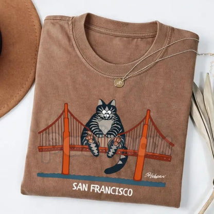 "Catzilla" San Francisco Golden Gate T-Shirt – Funny Giant Cat Movie Graphic Tee, Premium 100% Cotton Pop Culture Top, Soft Lived-In Heavyweight Cinema Nerd Shirt, Made in USA
