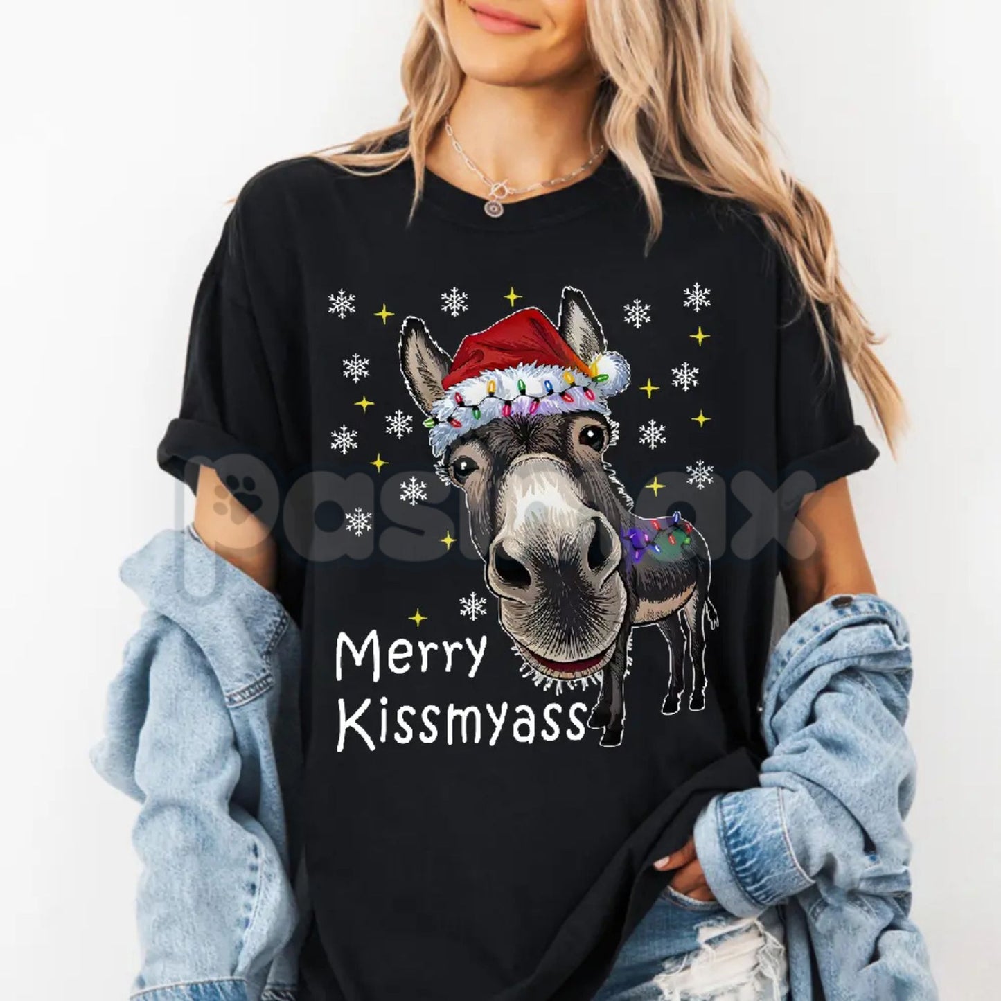 Funny Donkey Santa Hat and MERRY KISSMYASS Christmas Print T-Shirt - Crude Holiday Humor Tee, Edgy Adult Christmas Gift, Funny Donkey Xmas Shirt
