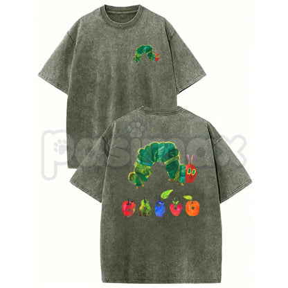 The Very Hungry Caterpillar T-Shirt – Holafish Two-Sided Vintage Print, Lightweight Acid Washed Retro Cotton Graphic Tee