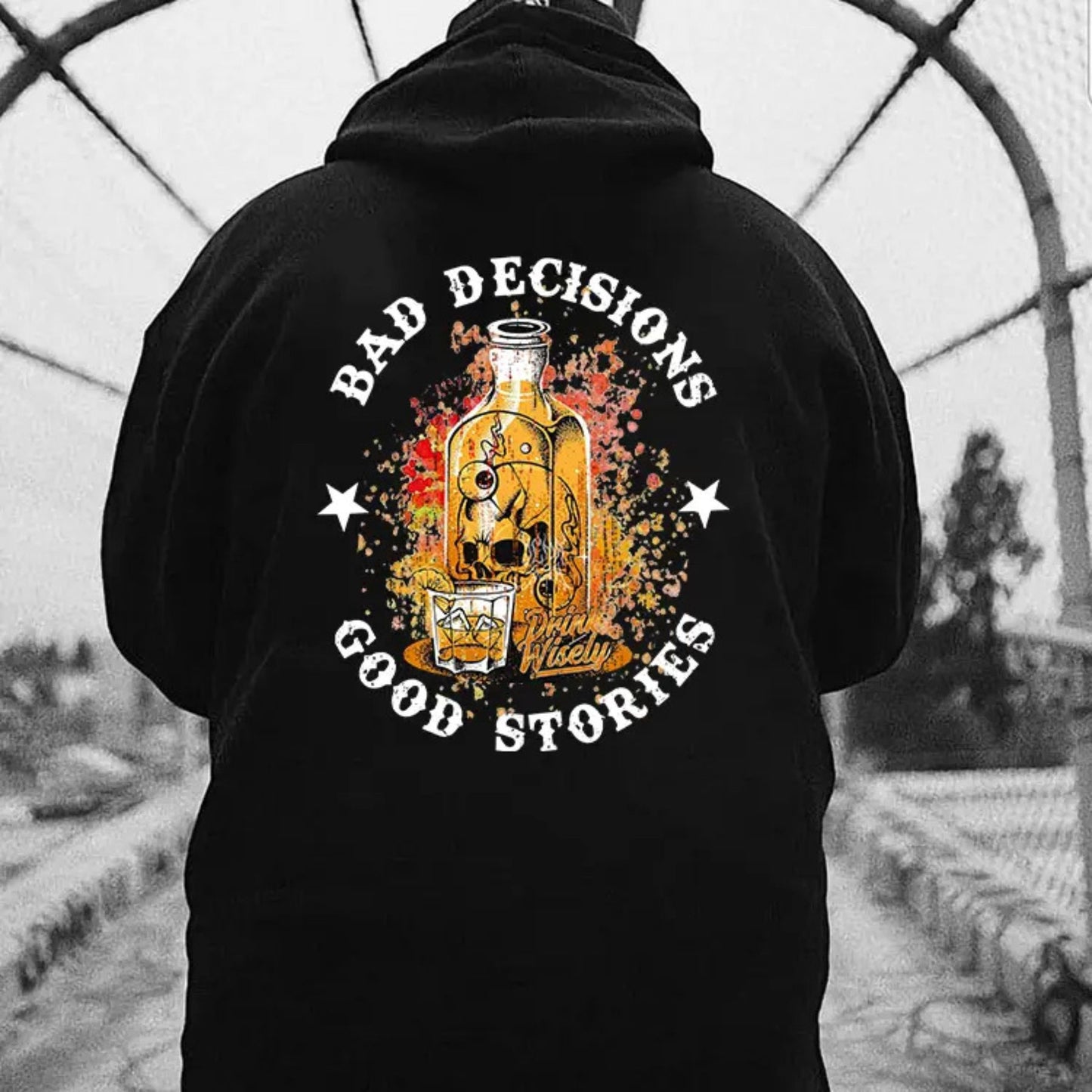 "Bad Decisions Good Stories" Halloween Hoodie – Gen X Pullover, Spooky Nostalgia