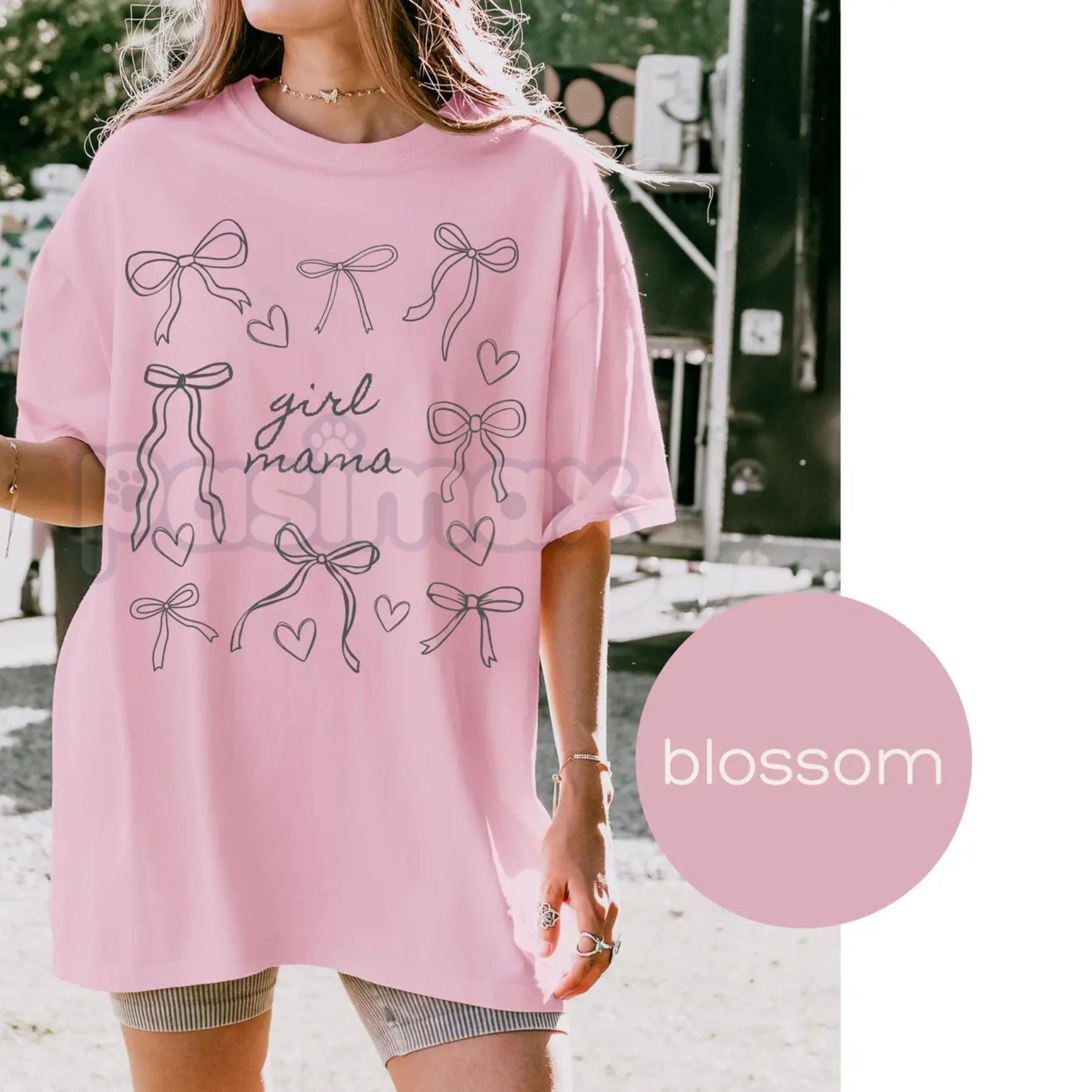 Comfort Colors® Script Girl Mama Heart T-Shirt – Retro Minimalist Bow Tee, Dainty Ribbon Motherhood Shirt, Aesthetic Gift for Girl Mom